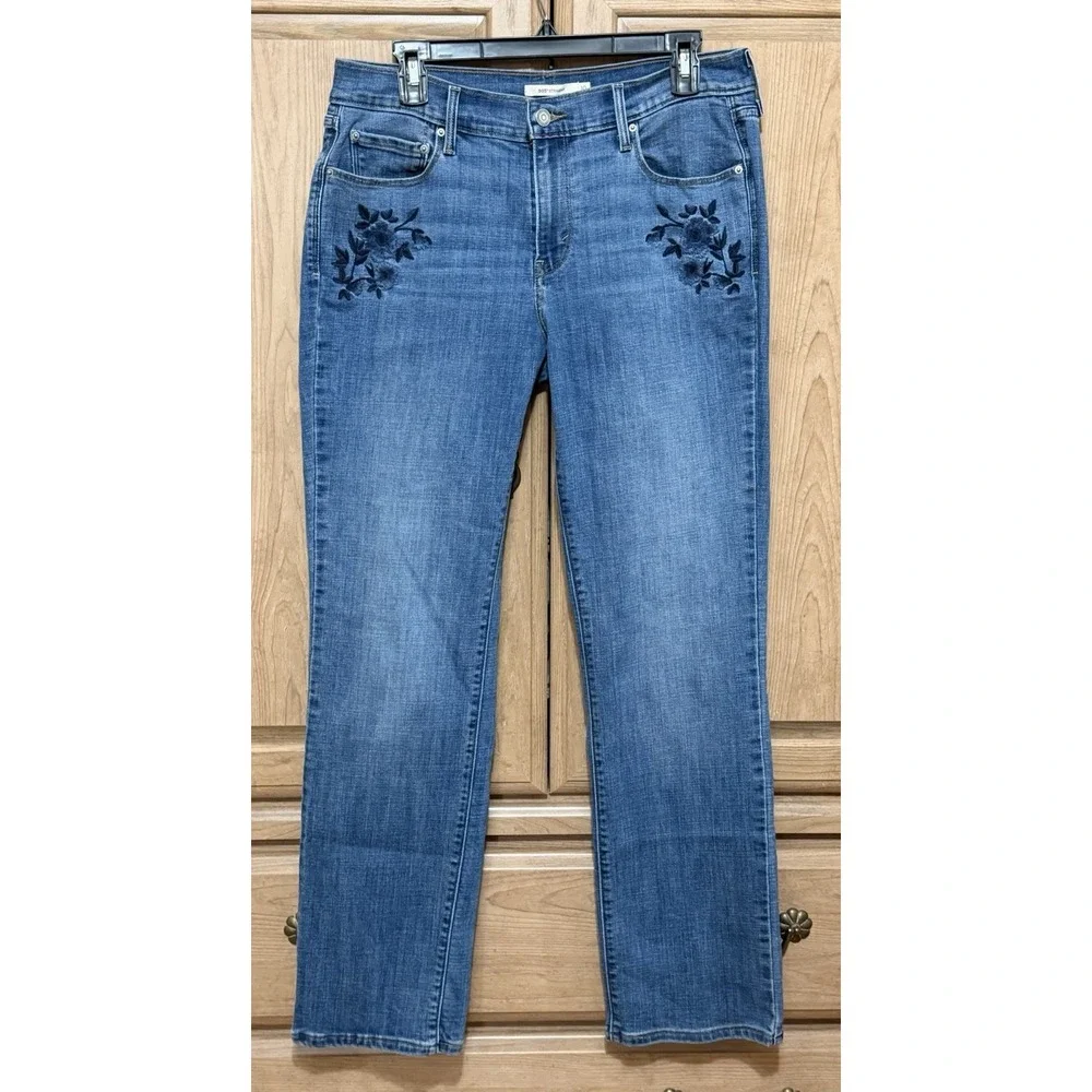 LEVI'S 505 Straight Leg JEANS Women's Size 10 Blue Denim Floral Embroidery 30x32